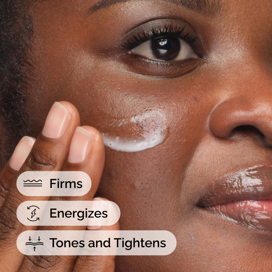 Close-up of a person applying The Ordinary Caffeine 3% + Escin 1% Face Serum. Text overlays highlight the product's primary benefits: Firms, Energizes, and Tones and Tightens the skin.